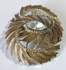 Lot of 3 Vintage Brushed Gold-tone White Rhinestone Brooches