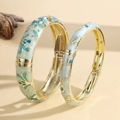 2Pcs Vintage Cloisonne Enamel Flower Bangle Bracelet Women Hollow Jewelry Gift