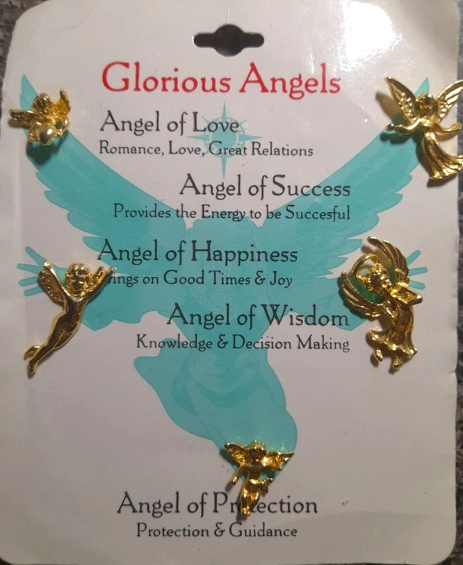 NEW 5 Glorious Angels Pins Happiness Protection Love Success Wisdom Gold Toned
