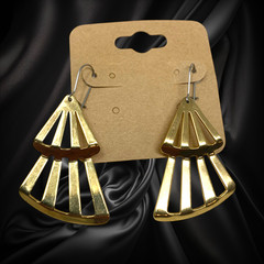 Vintage 80s Gold Tone Double Fan Dangle Earrings Geometric French Wire Art Deco