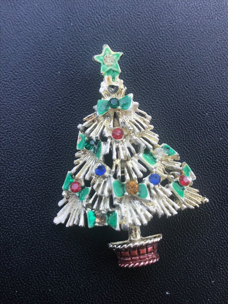 Vintage Unusual White Enamel w Green Bows & Red Yellow & Blue Rhinestones Christ