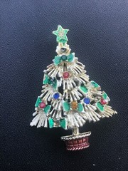 Vintage Unusual White Enamel w Green Bows & Red Yellow & Blue Rhinestones Christ