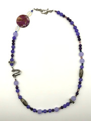 Purple Glass And Silver Metal Charms Art Deco Beaded Necklace 24 Inch