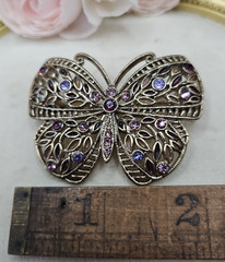 Vintage Antiqued Gold Tone Butterfly Brooch Pin Purple Lavender Lilac Rhinestone