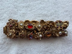 Goldette New York Slide Charm Bracelet Two Row Pearls Multi-Colored Rhinestones