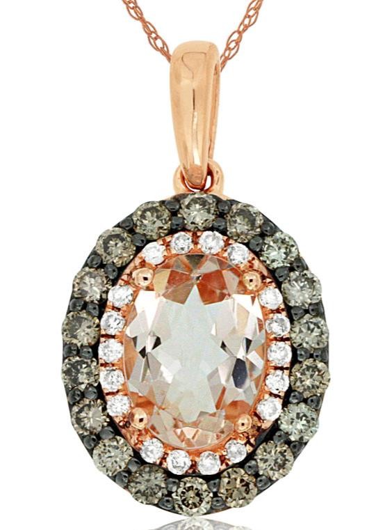 .99CT WHITE & MOCHA DIAMOND & AAA MORGANITE 14KT ROSE GOLD OVAL FLOATING PENDANT