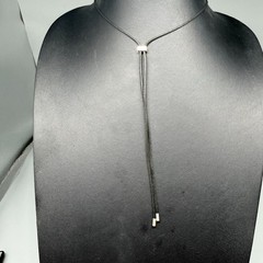 VTG Black Cord Geometric Crescent Pendant Necklace Silver Tone