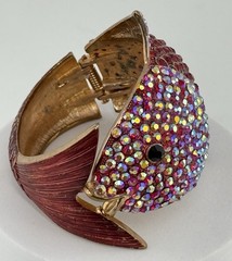 Vintage Fish Clamper Cuff Bracelet Red Pink AB Rhinestone Enamel Statement