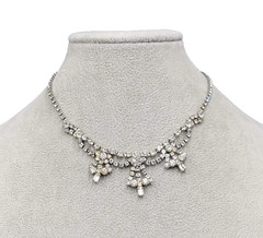 Vintage Christmas Tree Clear Rhinestone Necklace Silver tone 15″