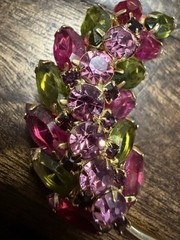 Vintage Gold Tone Domed Leaf Pin/Brooch w/ Pink and Green Prong Set Glass Stones