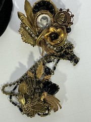 Vintage 1980s Maximal Art Assemblage Double Chain Brooch Pin Resin RARE Signed