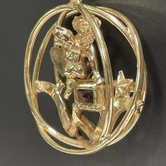 Vintage Coro February Pendant Necklace Gold Tone Cherub Glass Garnet Rhinestone