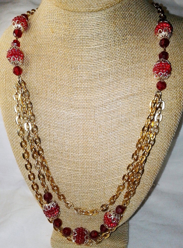 Vintage 1950’s Hong Kong Red Molded Plastic Raspberry Bead Multistrand Necklace