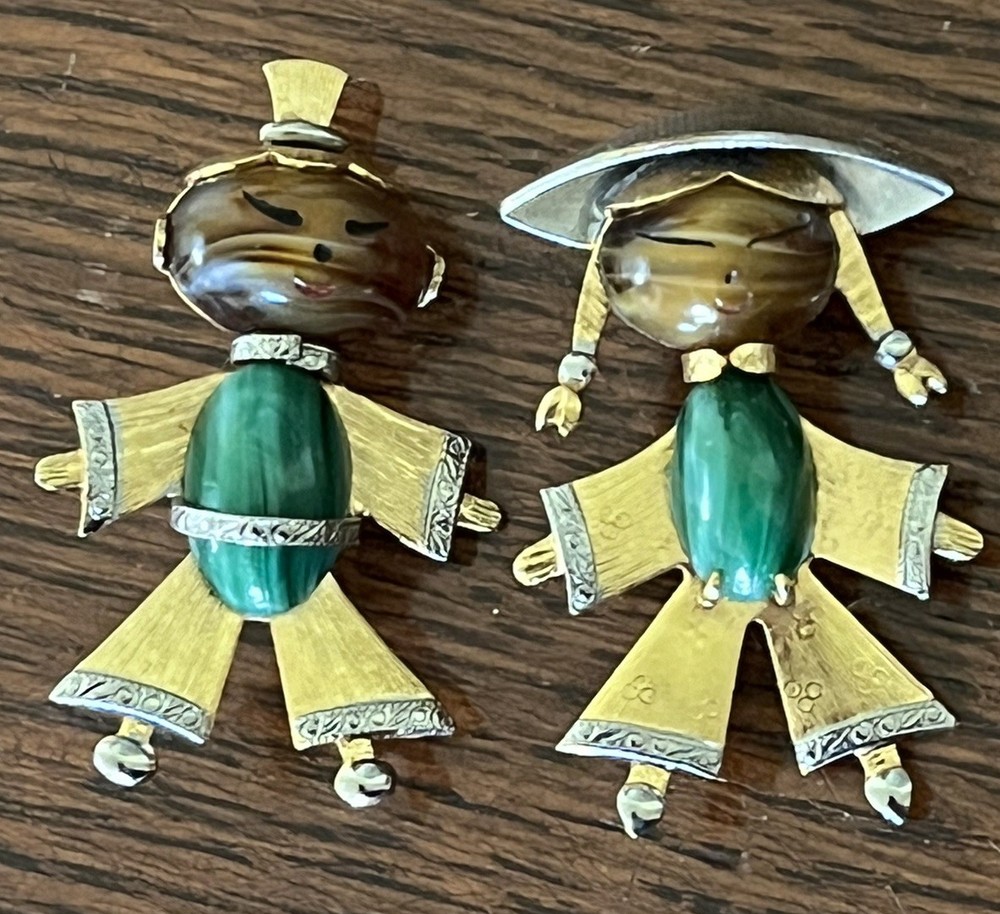 Vintage Asian Boy and Girl Jelly Belly Figural Brooch Malachite Tiger Eye Pins