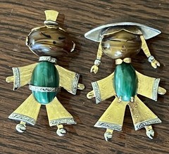 Vintage Asian Boy and Girl Jelly Belly Figural Brooch Malachite Tiger Eye Pins