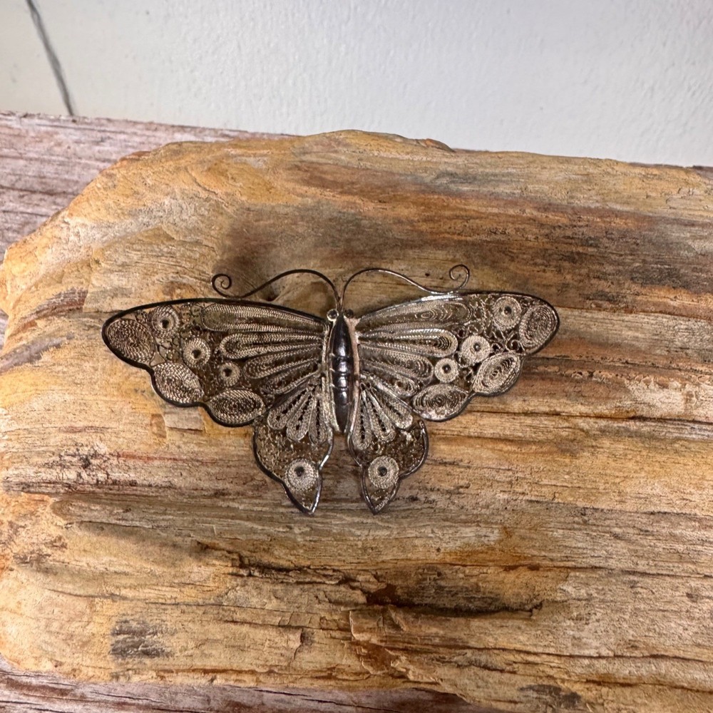 Antique 950 Silver Filigree Butterfly Brooch Large Ornate Trombone Clasp 3”