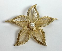 Vintage Gold-Tone Wire Faux Pearl Flower Brooch 2.25″ Inches in Diameter
