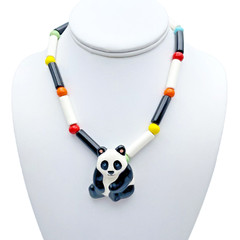 Vintage Flying Colors Necklace Panda Bear Ceramic Collectible Kitsch 1980s 15.5″