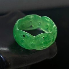Natural Translucent green Jade Wide-Band Ring Hollow-out, Width 11mm, Size 11.75