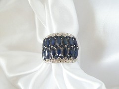 Vintage Sterling Silver 925 Natural Sapphire Diamond Statement Ring Size 7
