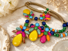 Statement Bib Necklace Pink Blue Yellow Festival Boho Floral Colorful Gold Tone