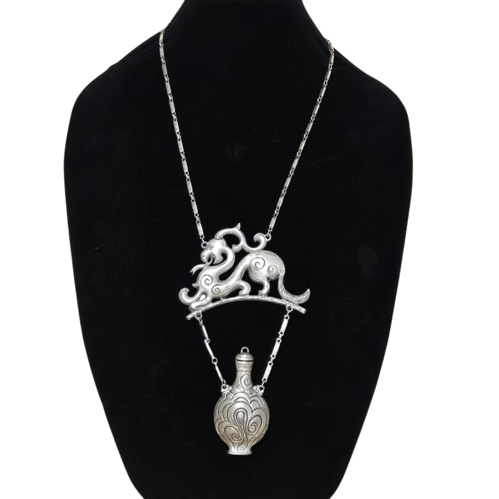 Estate Vtg Sign GOLDETTE Large Pewter Dragon Faux Perfume Bottle Chain Necklace