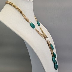 Vintage Celebrity NY Necklace Simulated Jade Green Dangles Gold Tone Layers 20″
