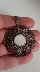 Vintage Mother of Pearl Silvertone Filigree Open work Round Pendant