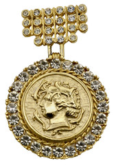 Vintage Faux Coin 1957 South Africa 1/2d Rhinestones Dangle Brooch Gold Tone