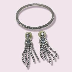 Vintage Chandelier Dangle Earrings + Bangle Bracelet Clear Prong Set Rhinestone