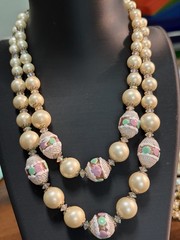 Hobe Double Strand Faux Pearl Venetian Wedding Cake Glass Bead Necklace 16-17”