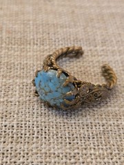 Vintage Bronze Adjustable Ring With Turquoise Stone & Ornate Scrollwork Design