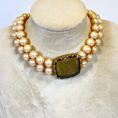 LES BERNARD Faux Pearl Choker Necklace Intaglio Lovers Cameo Hermes Aphrodite