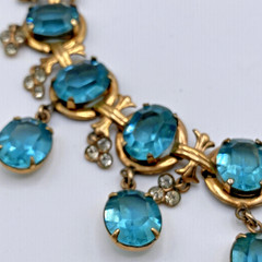 Stunning Vintage Aqua Blue Crystal Bib Necklace Gold Tone Art Deco