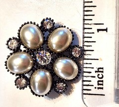 Vintage Bead Elegance Dark Metal Brooch With Faux Pearls & Clear Stones Jewelry