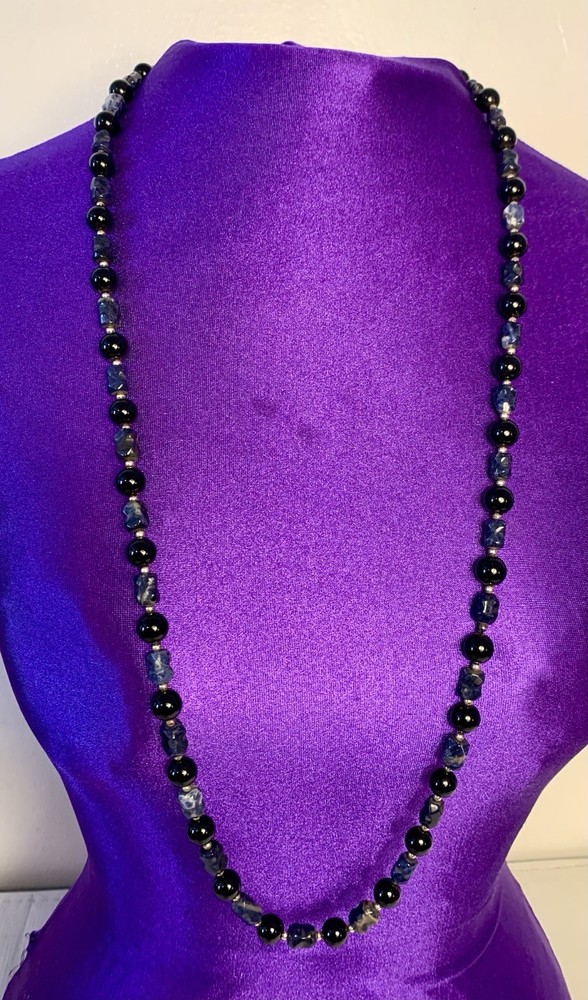 Vintage Black Onyx 10mm with Lapis Necklace, 38” L
