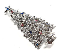 Vintage Silver Tone – Pink & Blue Rhinestone Christmas Tree Pin / Brooch