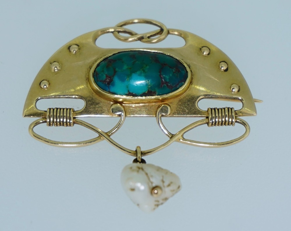 Signed Murrle Bennett & Co. Arts & Crafts 15K Turquoise Brooch 15ct