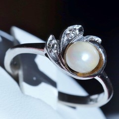 10k white gold size 6.75 ring 5.3mm cultured pearl natural diamond antique 2.28g