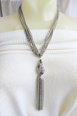 Vintage Cable & Curb Chains 5.5″ Tassel Pendant Necklace Silver Plate Onion Bead
