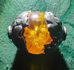Large Vintage Tibetan Amber Bead w/ Ornate Silver 1.75″ x 1.25″