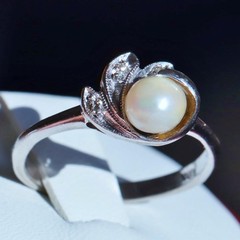 10k white gold size 6.75 ring 5.3mm cultured pearl natural diamond antique 2.28g