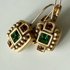 OSCAR DE LA RENTA Leverback Dangle Earrings : Matte Gold, Green + Brown Crystal