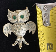 Owl Brooch Green Eyed White Enamel Vintage *Read