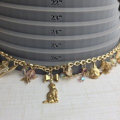 Vintage Kirks Folly Cat Charm Dangle Necklace Birds Crystals Bows Cats Heart 26″