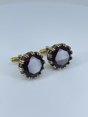 Red Glass cufflinks Faceted round prong set open gold tone 1-1/8″