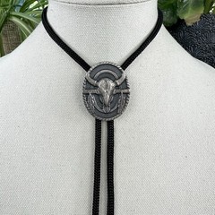 Stunning Vintage Silver Tone Buffalo Skull Western Bolo Tie