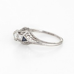 Vintage Art Deco Diamond Sapphire Ring 6.25 14k Gold Engagement Filigree Jewelry