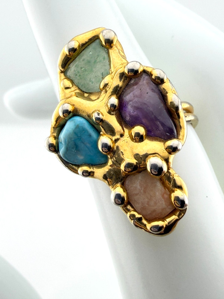 Vintage Stone Chip Ring Multi Color Pink Blue Purple Green Boho Style Size 5.25