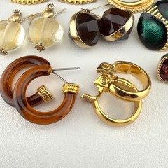 Vintage Pierced Earring Lot Gold Tone Enamel Hoop Drop Stud Dangle